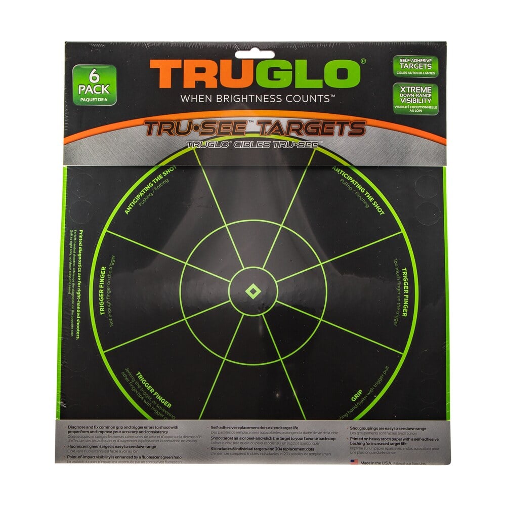 truglo tg15a6 tru see handgun diagnostic self adhesive heavy paper black/green 12"x12" bullseye 6 pack TruGlo TG15A6 Tru-See Handgun Diagnostic Self-Adhesive Heavy Paper Black/Green 12"x12" Bullseye Sports South item 51608