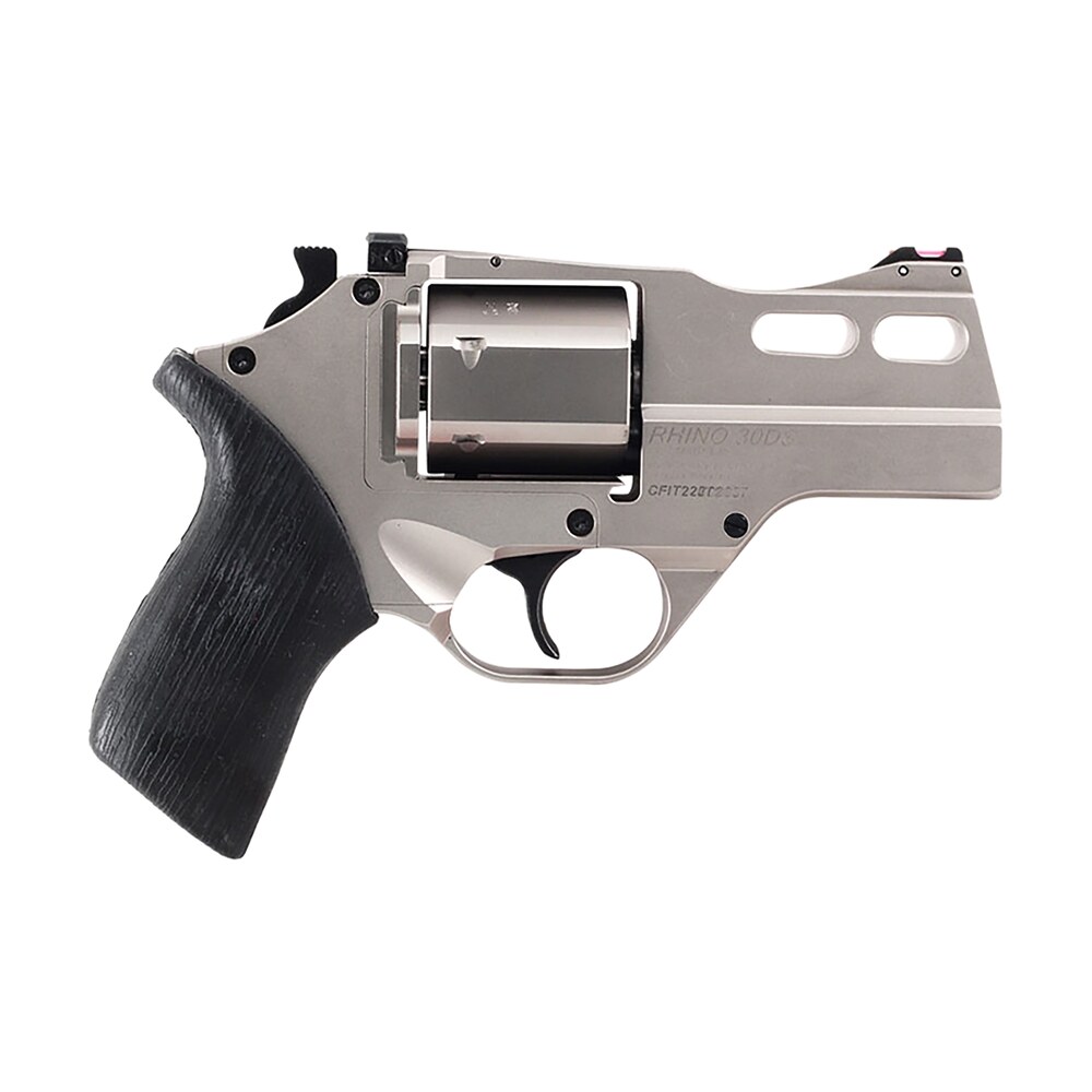 chiappa firearms 340290 rhino 30ds small frame 357 mag 6 shot, 3" nickel plated steel vent rib barrel & cylinder, nickel plated aluminum frame, black rubber grip, concealed hammer Chiappa Firearms 340290 Rhino 30DS Small Frame 357 Mag 6 Shot, 3" Nickel-Plated Steel Vent Rib Sports South item 51813