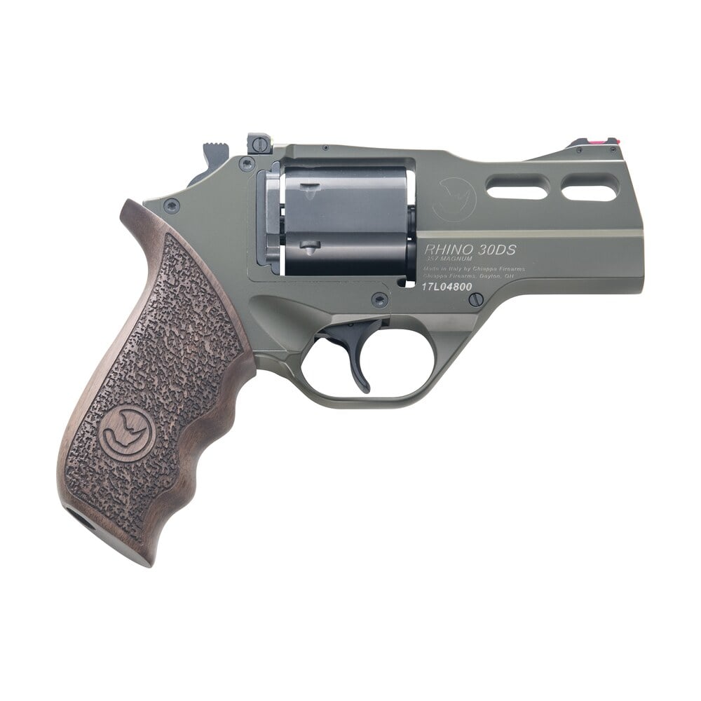 chiappa firearms 340285 rhino 30ds small frame 357 mag 6 shot 3" green cerakote steel vent rib barrel, blued steel cylinder, green cerakote aluminum frame, walnut grip, concealed hammer Chiappa Firearms 340285 Rhino 30DS Small Frame 357 Mag 6 Shot 3" Green Cerakote Steel Vent Rib Sports South item 51814