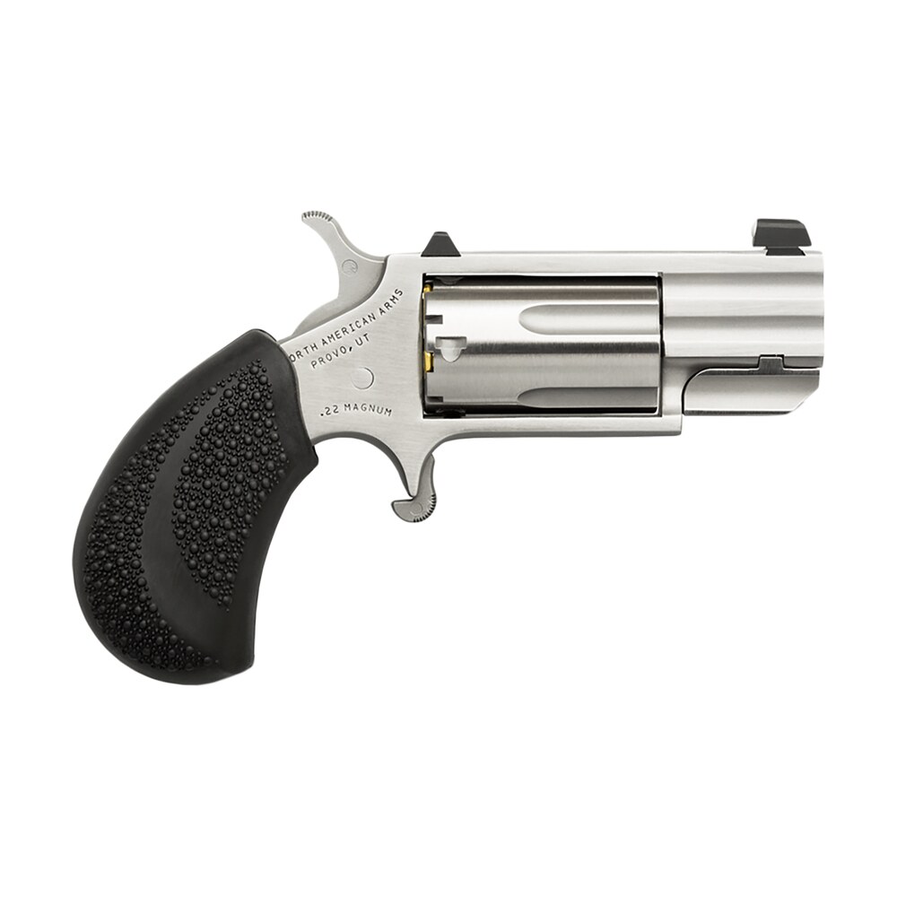 north american arms pugd pug 22 wmr 5 shot 1" stainless steel barrel, frame & cylinder, black pebbled rubber grip, exposed hammer North American Arms PUGD Pug 22 WMR 5 Shot 1" Stainless Steel Sports South item 51917