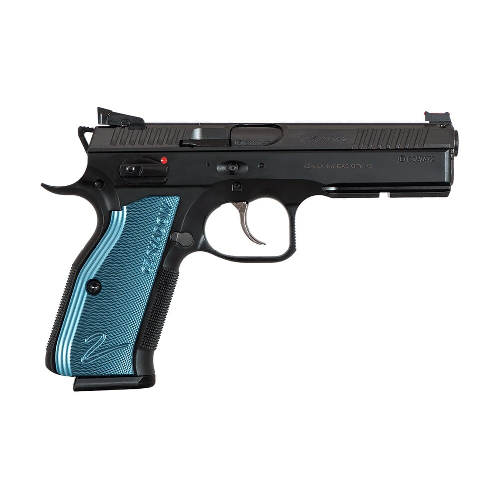cz usa 91257 shadow 2 sa/da 9mm luger 4.89" 17+1 overall black nitride finish with inside railed steel slide, blue aluminum grip, non tilted barrel & picatinny rail CZ-USA 91257 Shadow 2 SA/DA 9mm Luger 4.89" 17+1 Overall Black Nitride Finish Sports South item 52065