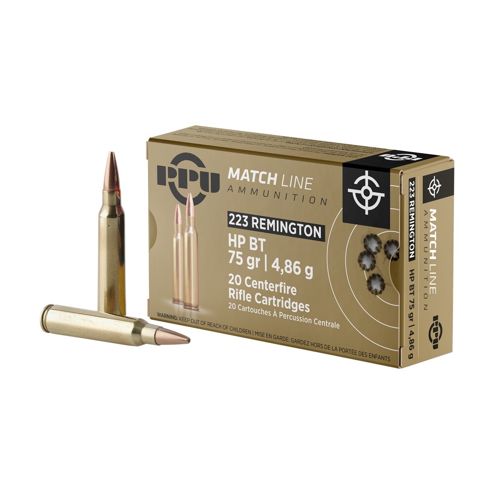 ppu ppm2232 match 223rem 75gr hollow point boat tail 20 per box/50 case PPU PPM2232 Match 223Rem 75gr Hollow Point Boat Tail 20 Per Box/50 Case Sports South item 56258