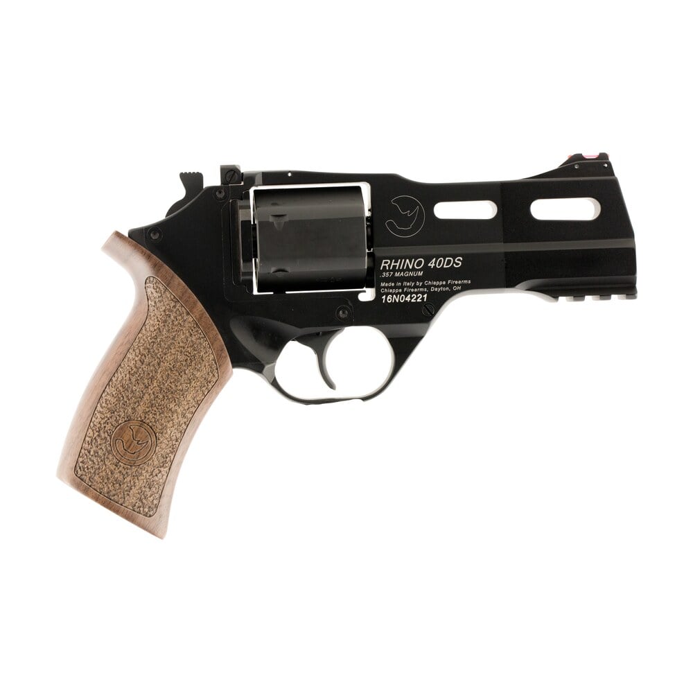 chiappa firearms 340219 rhino 40ds small frame 357 mag 6 shot, 4″ black anodized steel vent rib barrel, blued steel cylinder, black anodized aluminum frame, walnut grip, concealed hammer Chiappa Firearms 340219 Rhino 40DS Small Frame 357 Mag 6 Shot, 4" Black Anodized Steel Vent Rib Sports South item 5639