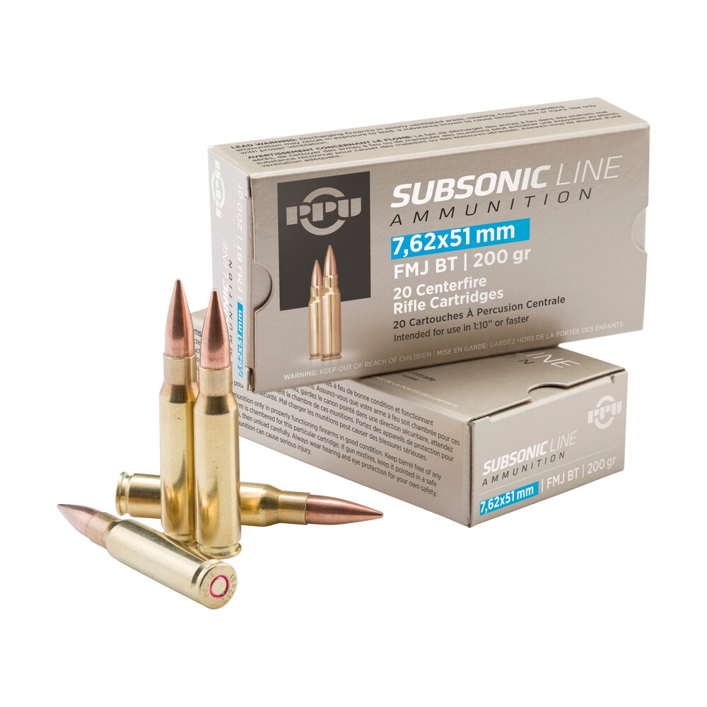 ppu pps762 subsonic 7.62x51mmnato 200gr full metal jacket boat tail 20 per box/10 case PPU PPS762 Subsonic 7.62x51mmNATO 200gr Full Metal Jacket Boat Tail 20 Per Box/10 Case Sports South item 56424