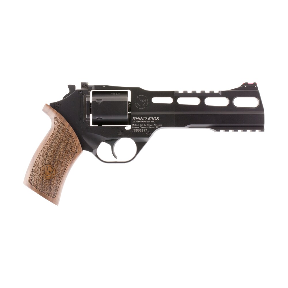 chiappa firearms 340221 rhino 60ds small frame 357 mag 6 shot, 6″ black anodized steel vent rib barrel, blued steel cylinder, black anodized aluminum frame, walnut grip, concealed hammer Chiappa Firearms 340221 Rhino 60DS Small Frame 357 Mag 6 Shot, 6" Black Anodized Steel Vent Rib Sports South item 5643