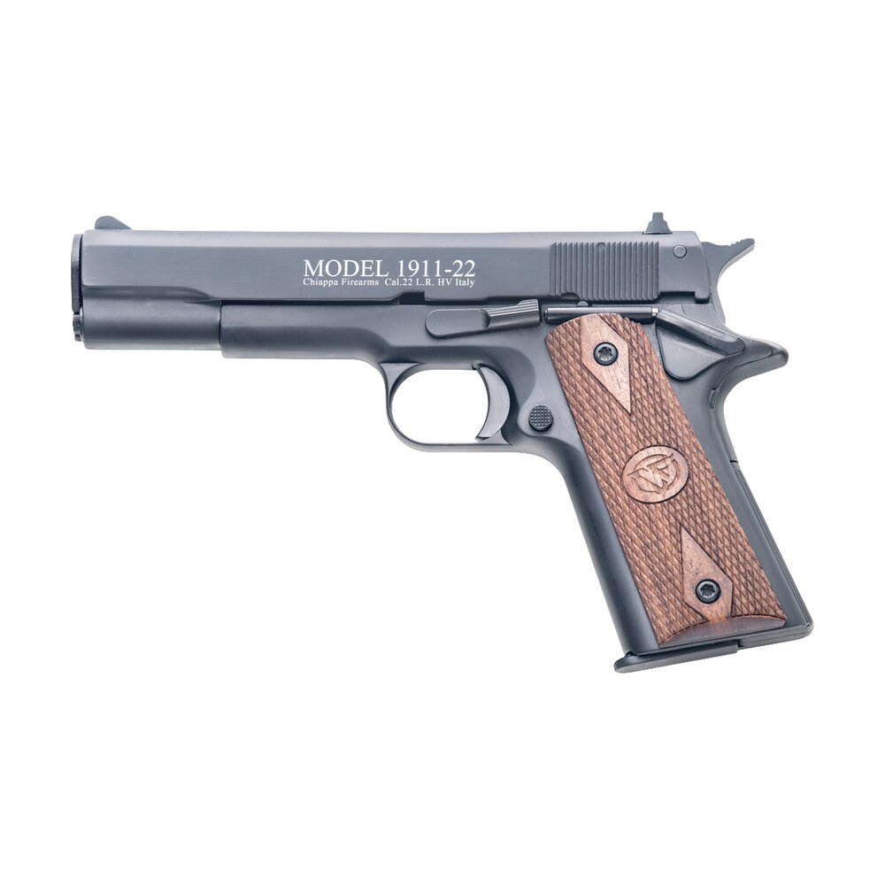 chiappa firearms 401038 1911 22 22 lr 10+1, 5″ black steel barrel, blued serrated slide, blued aluminum frame w/beavertail, stippled walnut grip, manual thumb safety, right hand Chiappa Firearms 401038 1911-22 22 LR 10+1, 5" Black Steel Sports South item 5666