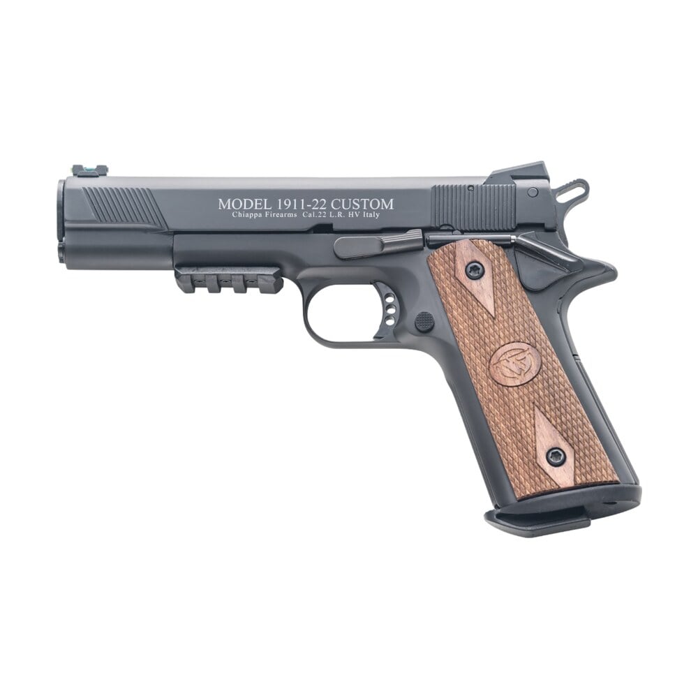 chiappa firearms 401101 1911 22 custom 22 lr 10+1 5″ blued serrated steel slide w/picatinny rail & beavertail frame, stippled walnut grip Chiappa Firearms 401101 1911-22 Custom 22 LR 10+1 5" Blued Serrated Steel Slide Sports South item 5670