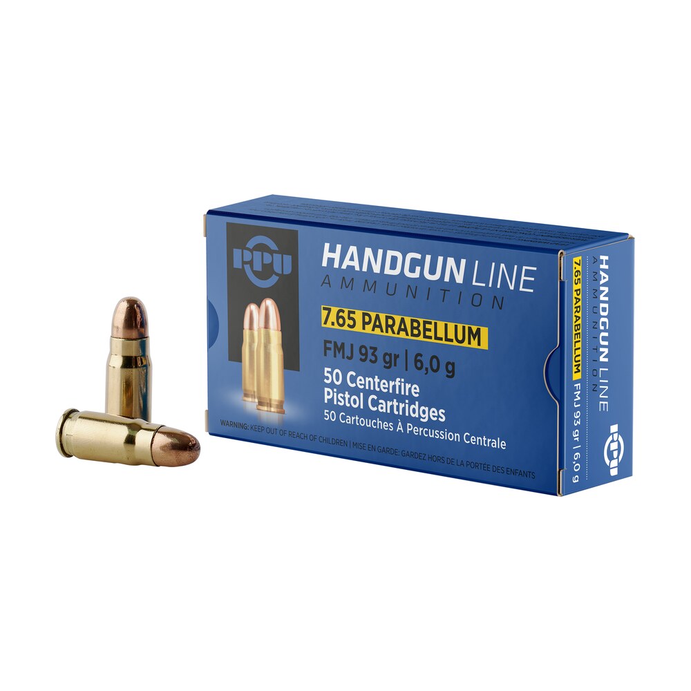 ppu pph765p handgun 7.65x21mmparabellum 93gr full metal jacket 50 per box/20 case PPU PPH765P Handgun 7.65x21mmParabellum 93gr Full Metal Jacket 50 Per Box/20 Case Sports South item 57093