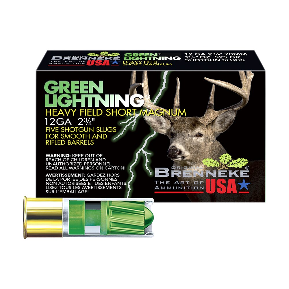 brenneke sl122hfsgl green lightning heavy field 12gauge 2.75" 1 1/4oz slug shot 5 per box/50 case Brenneke SL122HFSGL Green Lightning Heavy Field 12Gauge 2.75" 1 1/4oz Slug Shot 5 Per Box/50 Sports South item 60352