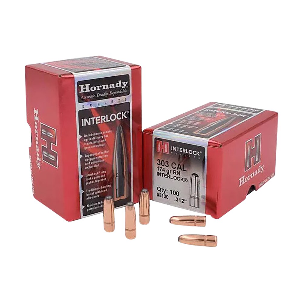 hornady 3130 interlock 303 cal .312 174 gr round nose 100 per box/ 15 case Hornady 3130 InterLock 303 Cal .312 174 gr Round Nose 100 Per Box/ 15 Case Sports South item 61244