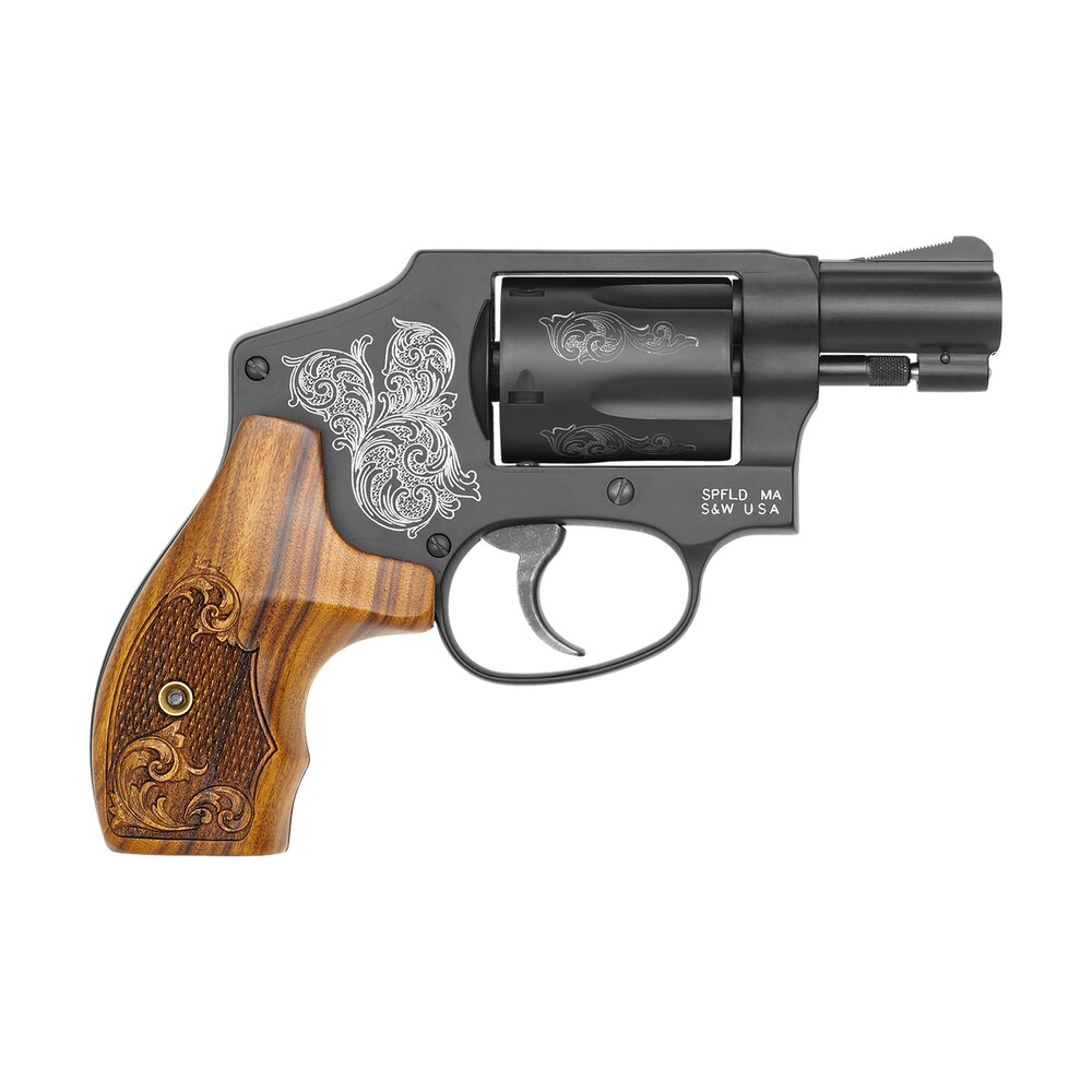 smith & wesson 150785 model 442 38 s&w spl +p 5 shot 1.88" engraved black carbon steel barrel/cylinder, engraved black aluminum j frame, engraved wood grip, mahogany presentation case Smith & Wesson 150785 Model 442 38 S&W Spl +P 5 Shot 1.88" Engraved Black Carbon Steel Sports South item 61817