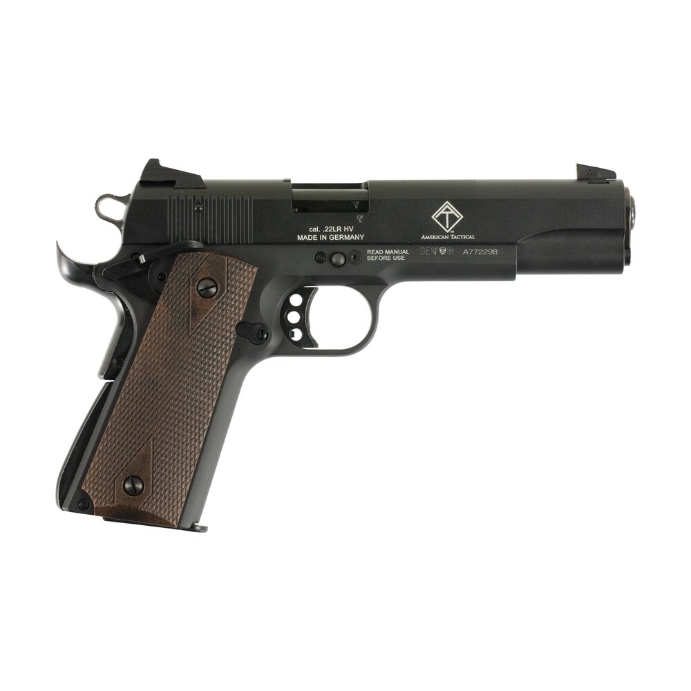gsg gsg2210m1911 1911 22 lr 10+1 5" threaded barrel, black anodized serrated slide & zinc alloy w/beavertail frame, double diamond walnut grip GSG GSG2210M1911 1911 22 LR 10+1 5" Threaded Sports South item 62297