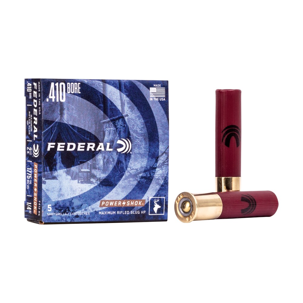 federal f412rs power shok shotshell 410gauge 2.50" 1/4oz rifledslug shot 5 per box/50 case Federal F412RS Power-Shok Shotshell 410Gauge 2.50" 1/4oz RifledSlug Shot 5 Per Box/50 Case Sports South item 65644