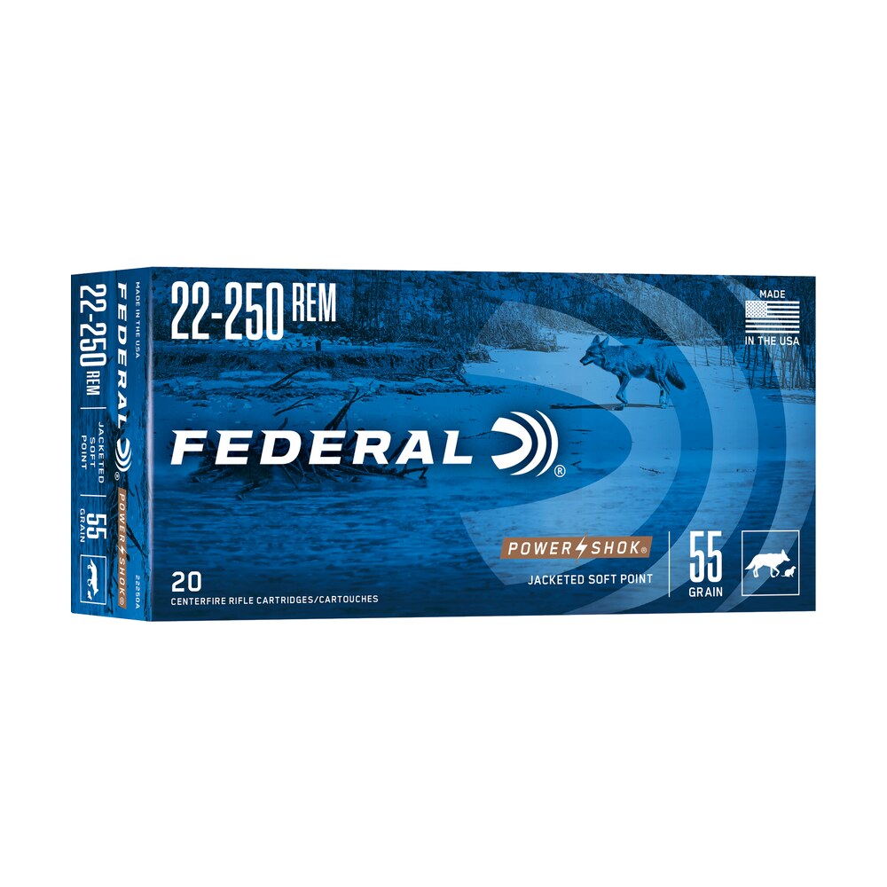 federal 22250a power shok 22 250rem 55gr jacketed soft point 20 per box/10 case Federal 22250A Power-Shok 22-250Rem 55gr Jacketed Soft Point 20 Per Box/10 Case Sports South item 65724