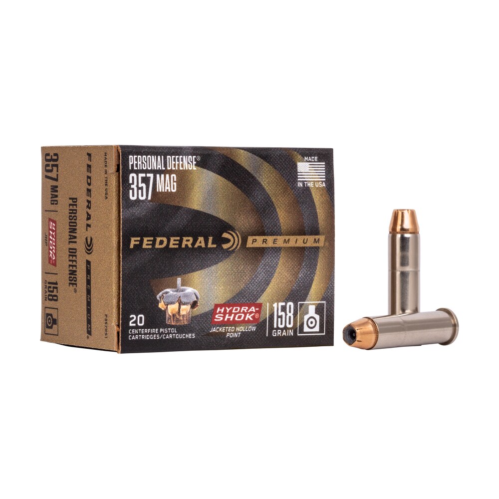 federal p357hs1 premium personal defense 357mag 158gr hydra shok jacketed hollow point 20 per box/25 case Federal P357HS1 Premium Personal Defense 357Mag 158gr Hydra-Shok Jacketed Hollow Point 20 Per Sports South item 65884