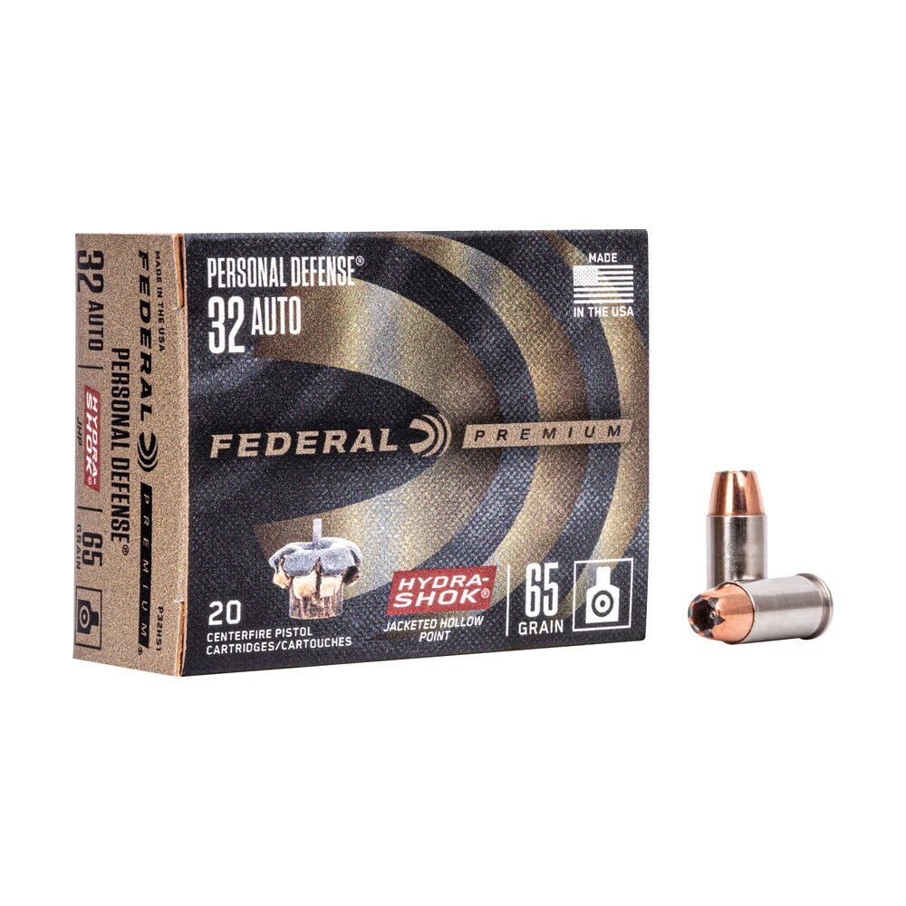 federal p32hs1 premium personal defense 32acp 65gr hydra shok jacketed hollow point 20 per box/25 case Federal P32HS1 Premium Personal Defense 32ACP 65gr Hydra-Shok Jacketed Hollow Point 20 Per Sports South item 67413