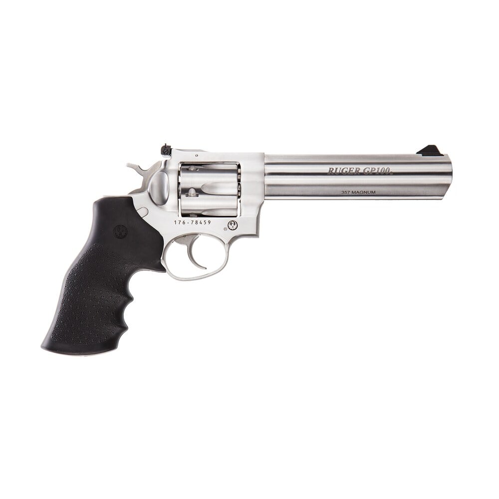 ruger 1707 gp100 medium frame 357 mag 6rd 6" satin stainless steel barrel, cylinder & frame, hogue monogrip, transfer bar safety, exposed hammer Ruger 1707 GP100 Medium Frame 357 Mag 6rd 6" Satin Stainless Steel Sports South item 70260