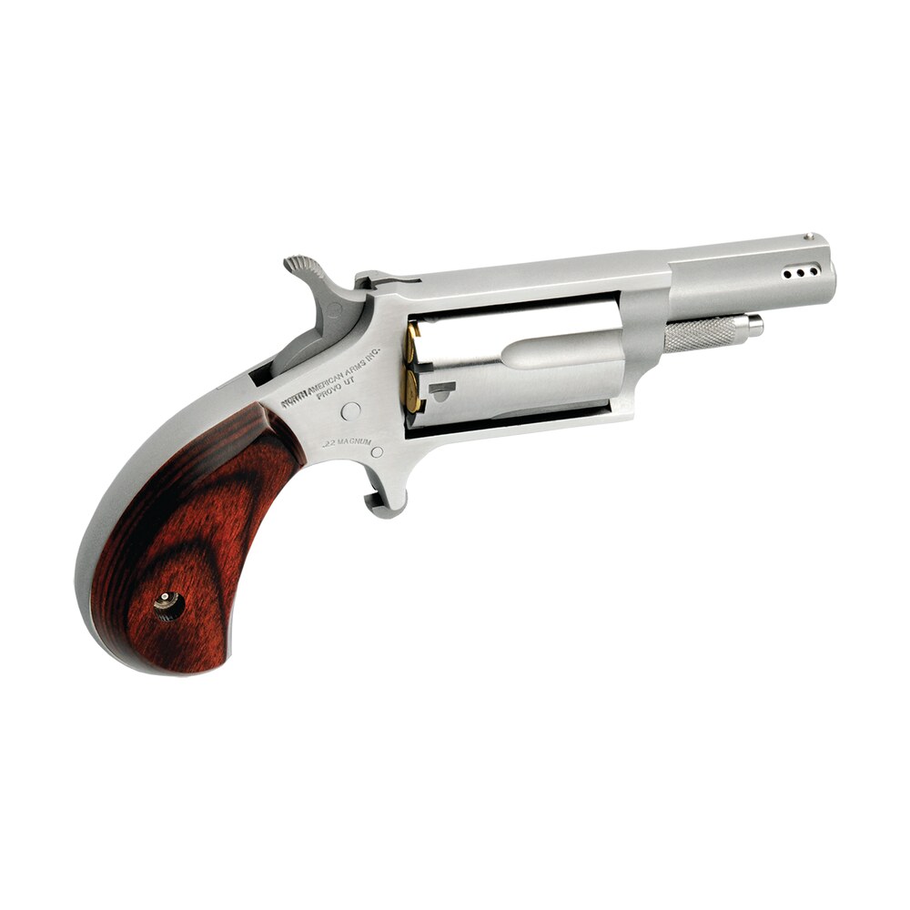 north american arms 22mp mini revolver 22 wmr 5 shot 1.63" stainless steel ported barrel, stainless steel frame & cylinder, rosewood birdshead grip, exposed hammer North American Arms 22MP Mini-Revolver 22 WMR 5 Shot 1.63" Stainless Steel Ported Sports South item 70872