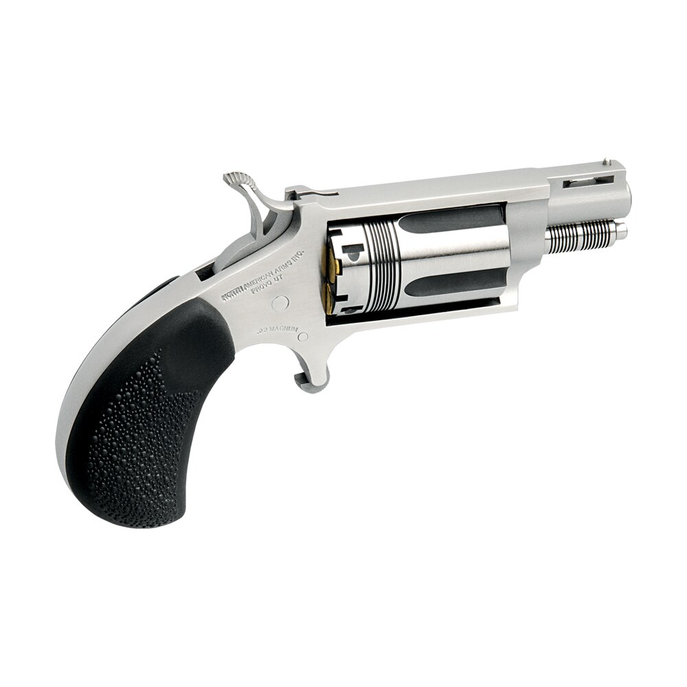 north american arms 22mstw wasp snub nose 22 wmr 5 shot 1.13" stainless steel vent rib barrel, stainless steel frame & cylinder, black pebbled rubber grip, exposed hammer North American Arms 22MSTW Wasp Snub Nose 22 WMR 5 Shot 1.13" Stainless Steel Vent Rib Sports South item 70876