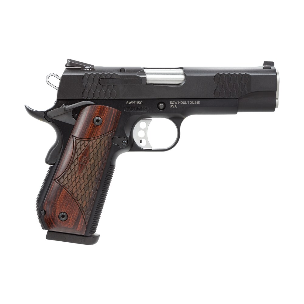 smith & wesson 108483 1911 e series 45 acp 7+1/8+1, 4.25" stainless steel barrel, black serrated stainless steel slide, black aluminum frame w/beavertail, round butt laminate wood grip Smith & Wesson 108483 1911 E-Series 45 ACP 7+1/8+1, 4.25" Stainless Steel Sports South item 71998