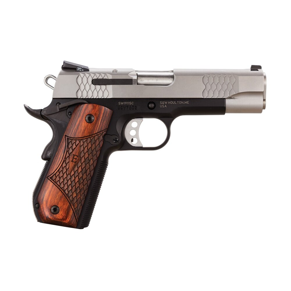 smith & wesson 108485 1911 e series 45 acp 4.25" barrel 8+1, black round butt scandium frame, satin stainless steel slide, laminate wood grip, manual grip & thumb safety Smith & Wesson 108485 1911 E-Series 45 ACP 4.25" Barrel 8+1, Black Round Butt Scandium Sports South item 71999