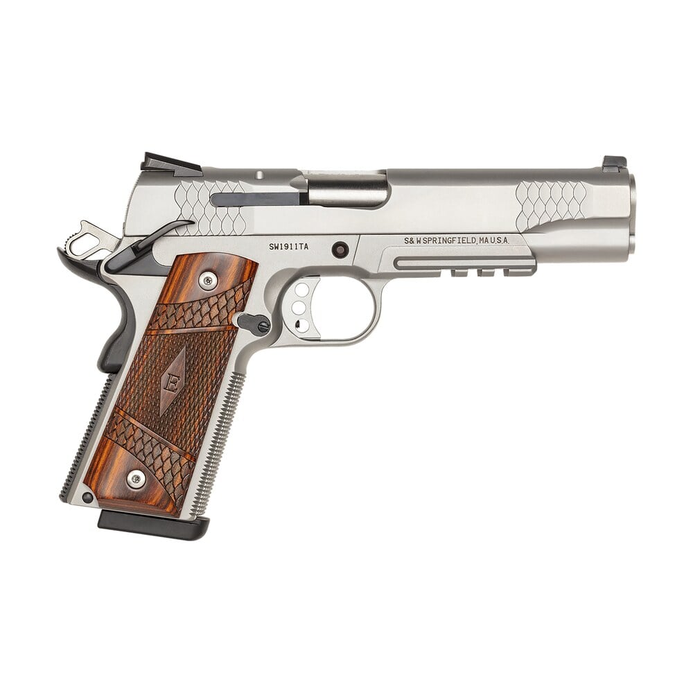 smith & wesson 108411 1911 e series 45 acp 5" barrel 8+1, satin stainless steel frame & slide, laminate wood e series grip, tactical accessory rail, manual grip & thumb safety Smith & Wesson 108411 1911 E-Series 45 ACP 5" Barrel 8+1, Satin Stainless Steel Frame & Sports South item 72001