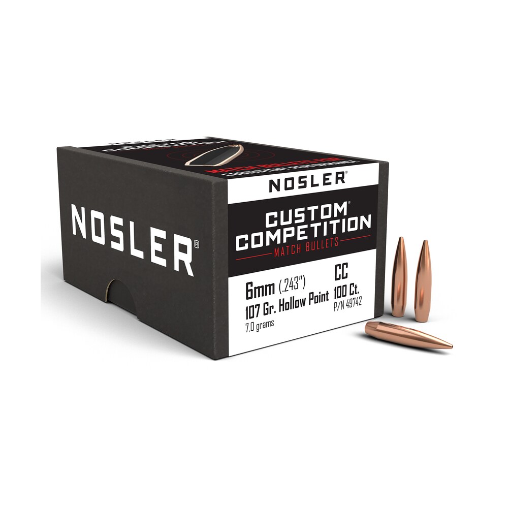 nosler 49742 custom competition 6mm 107gr hollow point boat tail 100/box Nosler 49742 Custom Competition 6mm 107gr Hollow Point Boat Tail 100/Box Sports South item 74377