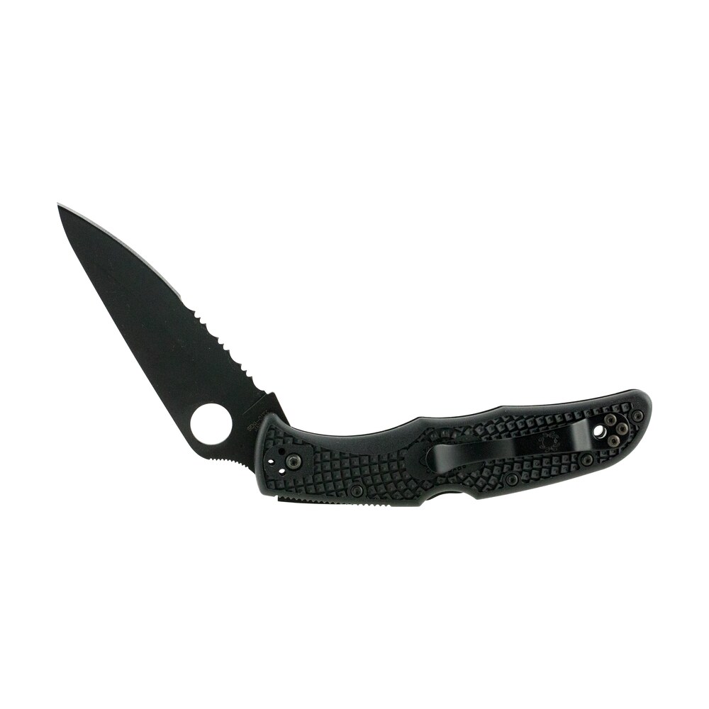 spyderco c10psbbk endura 4 lightweight 3.75" folding clip point part serrated black ticn vg 10 ss blade black textured frn handle includes pocket clip Spyderco C10PSBBK Endura 4 Lightweight 3.75" Folding Clip Point Part Serrated Black TiCN VG-10 Sports South item 74436