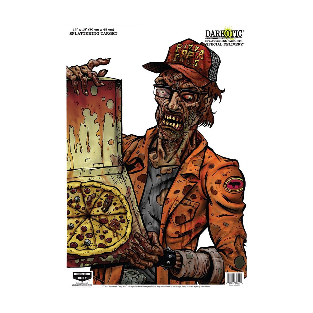 birchwood casey 35650 darkotic special delivery zombie pizza delivery paper hanging universal 12" x 18" multi color impact enhancement splatter 8 per pkg Birchwood Casey 35650 Darkotic Special Delivery Zombie Pizza Delivery Paper Hanging Universal Sports South item 74821