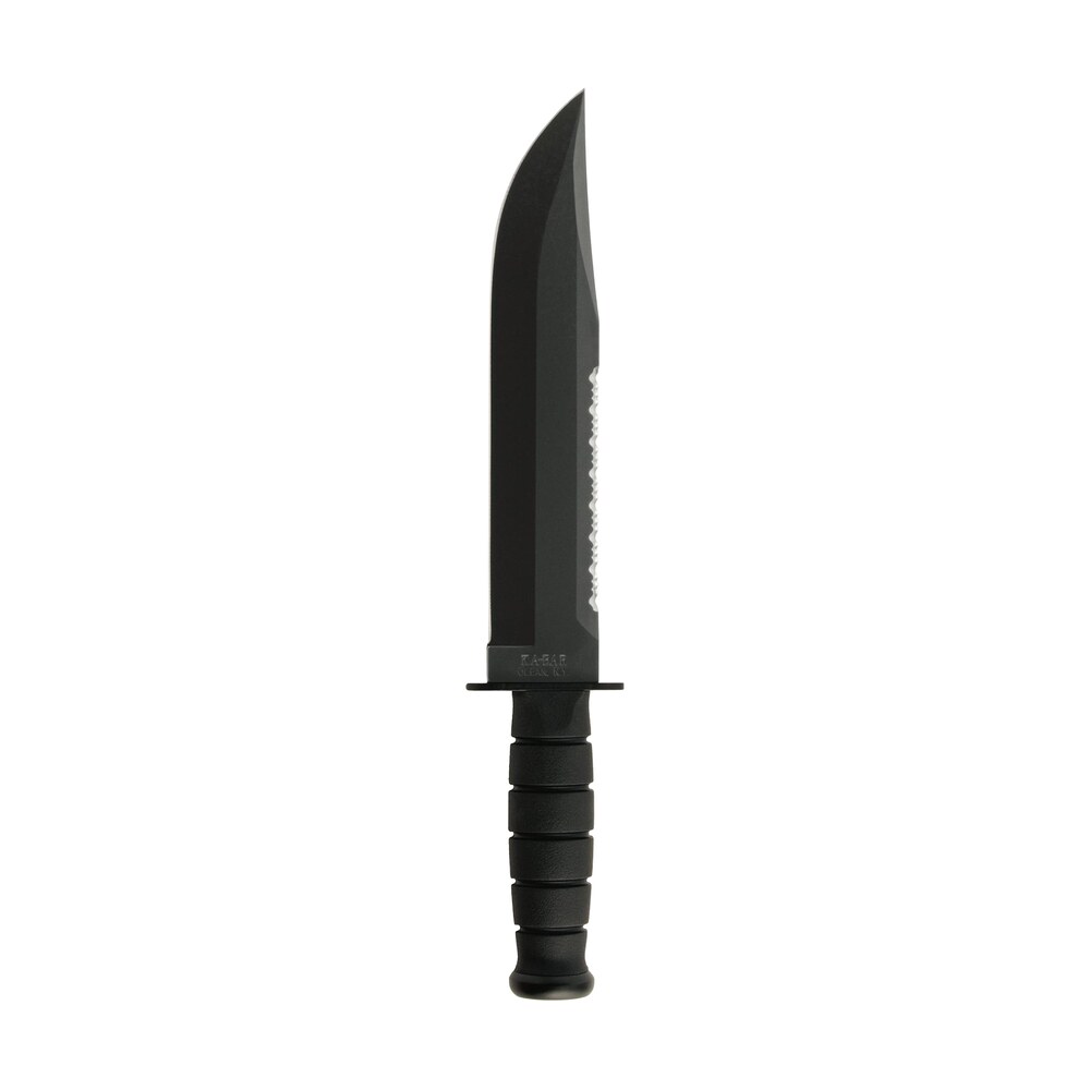 ka bar 2211 big brother 9.38" fixed top serrated/bottom straight plain black 1095 cro van blade, black kraton g handle, includes sheath Ka-Bar 2211 Big Brother 9.38" Fixed Top Serrated/Bottom Straight Plain Black 1095 Cro-Van Sports South item 76249