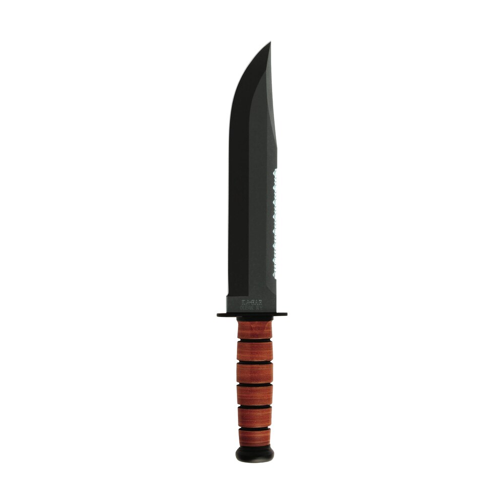 ka bar 2217 big brother 9.38" fixed clip point part serrated black 1095 cro van blade, brown leather handle, includes sheath Ka-Bar 2217 Big Brother 9.38" Fixed Clip Point Part Serrated Black 1095 Cro-Van Blade, Brown Sports South item 76250
