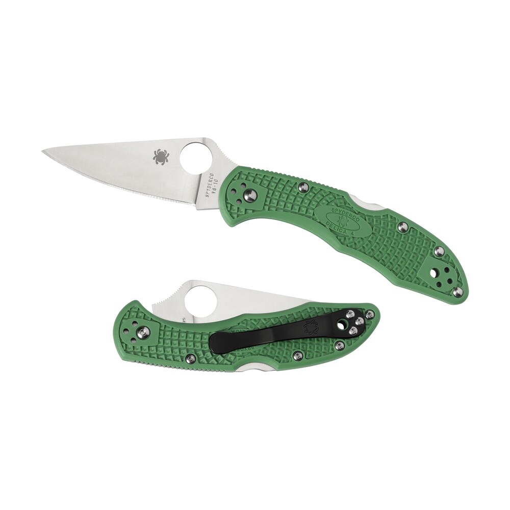 spyderco c11fpgr delica 4 lightweight 2.88" folding drop point plain vg 10 ss blade green bi directional texturing frn handle includes pocket clip Spyderco C11FPGR Delica 4 Lightweight 2.88" Folding Drop Point Plain VG-10 SS Blade Green Sports South item 76389