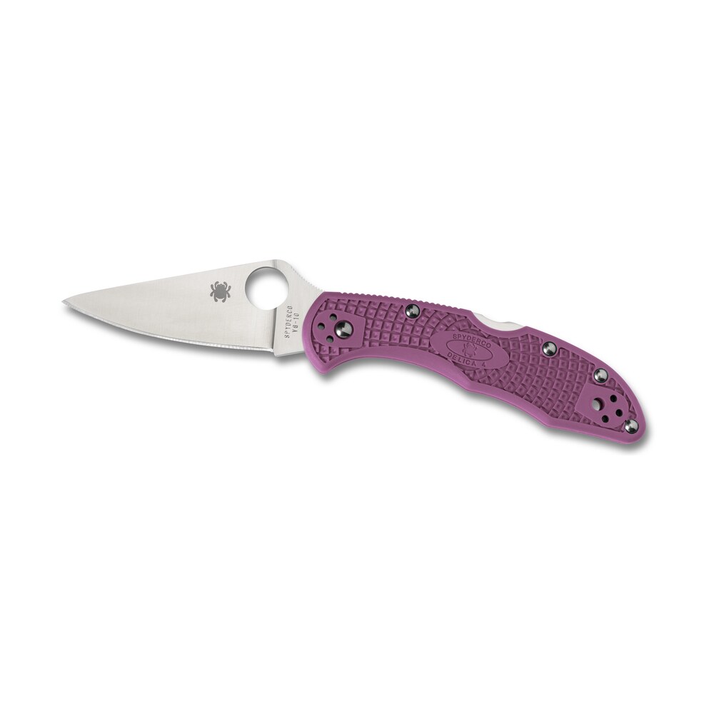 spyderco cllfppr delica 4 lightweight 2.88" folding drop point plain vg 10 ss blade purple bi directional texturing frn handle includes pocket clip Spyderco CLLFPPR Delica 4 Lightweight 2.88" Folding Drop Point Plain VG-10 SS Blade Purple Sports South item 76529