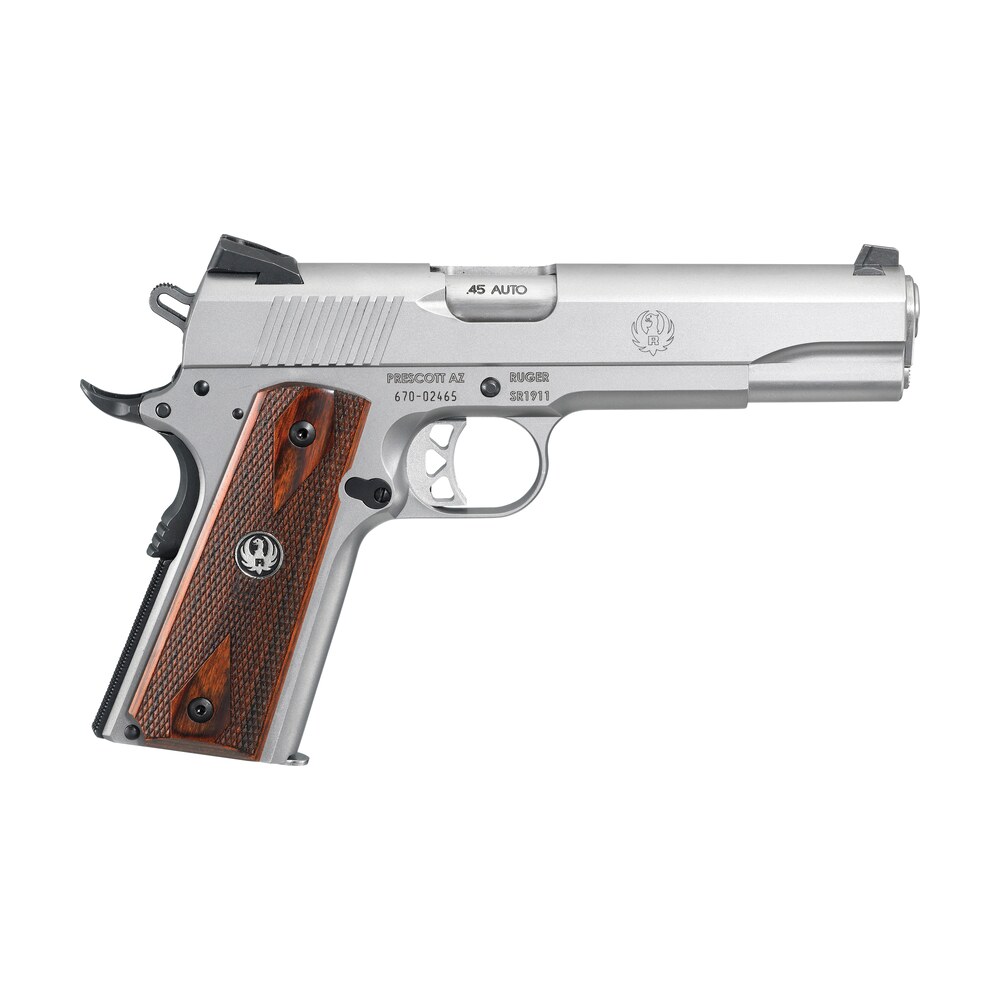 ruger 6700 sr1911 full size 45 acp 7+1/8+1 5" low glare stainless steel barrel, serrated stainless steel slide & frame w/beavertail, hardwood grip, right hand Ruger 6700 SR1911 Full Size 45 ACP 7+1/8+1 5" Low-Glare Stainless Steel Sports South item 76601
