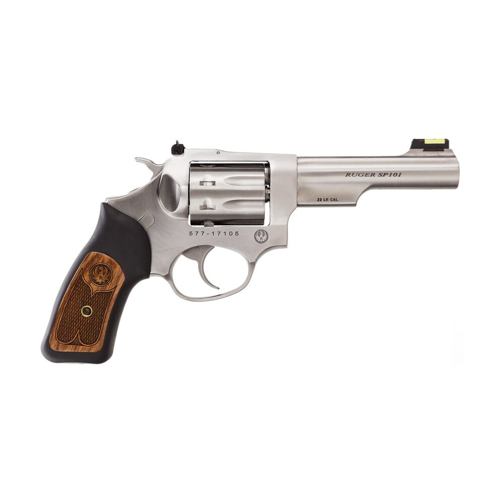 ruger 5765 sp101 22 lr 8rd 4.20" satin stainless steel barrel, cylinder & frame, black rubber w/wood insert grip, transfer bar safety, exposed hammer Ruger 5765 SP101 22 LR 8rd 4.20" Satin Stainless Steel Sports South item 77795