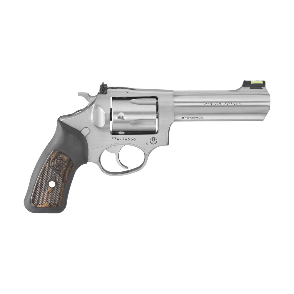 ruger 5771 sp101 357 mag 5rd 4.20" satin stainless steel barrel, cylinder & frame, black rubber w/wood insert grip, transfer bar safety, exposed hammer Ruger 5771 SP101 357 Mag 5rd 4.20" Satin Stainless Steel Sports South item 79104