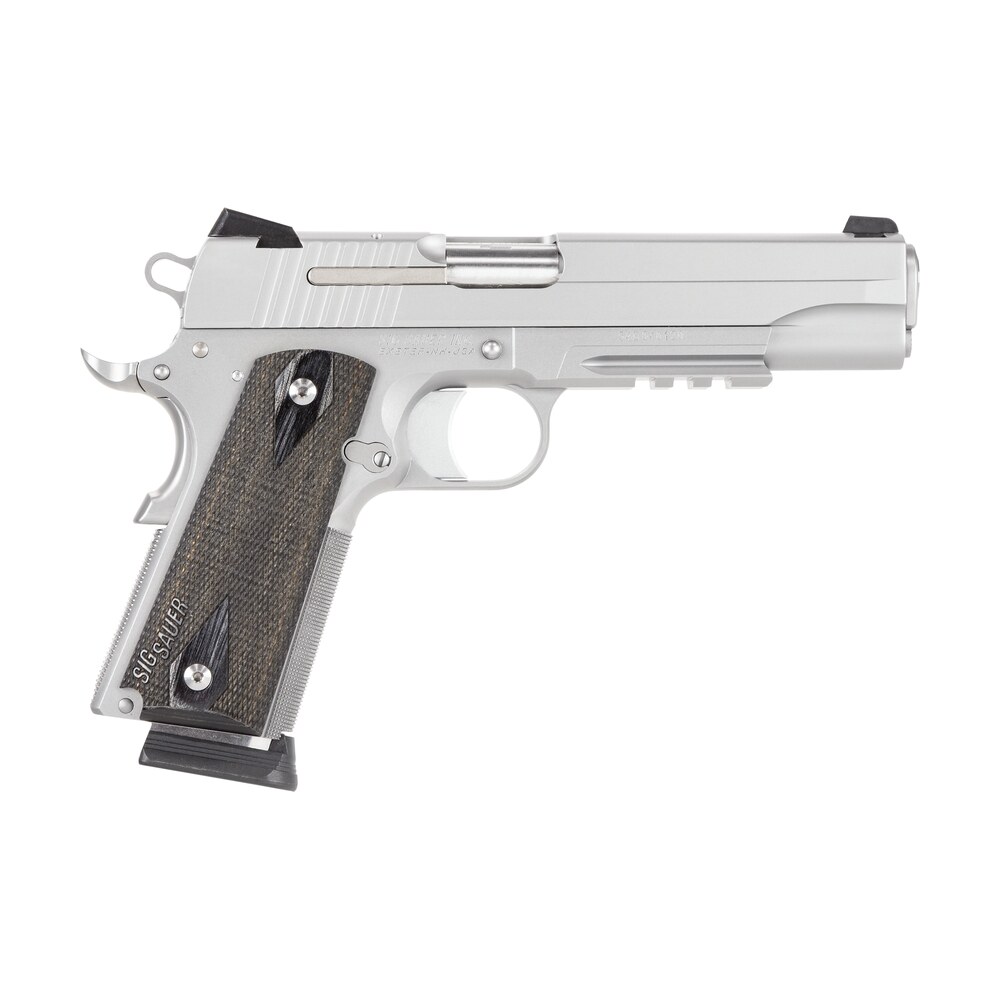 sig sauer 1911r45sssca 1911 full size *ca compliant 45 acp caliber with 5" barrel, 8+1 capacity, overall stainless steel finish, picatinny rail/beavertail frame, serrated slide & blackwood grip Sig Sauer 1911R45SSSCA 1911 Full Size *CA Compliant 45 ACP Caliber Sports South item 79469