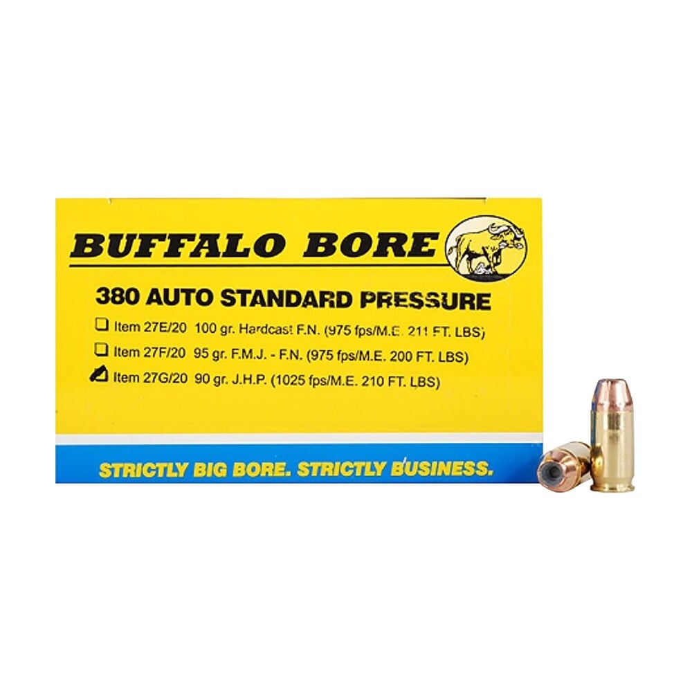 buffalo bore ammunition 27g20 standard pressure strictly business 380acp 90gr jacket hollow point 20 per box/12 case Buffalo Bore Ammunition 27G20 Standard Pressure Strictly Business 380ACP 90gr Jacket Hollow Sports South item 80748