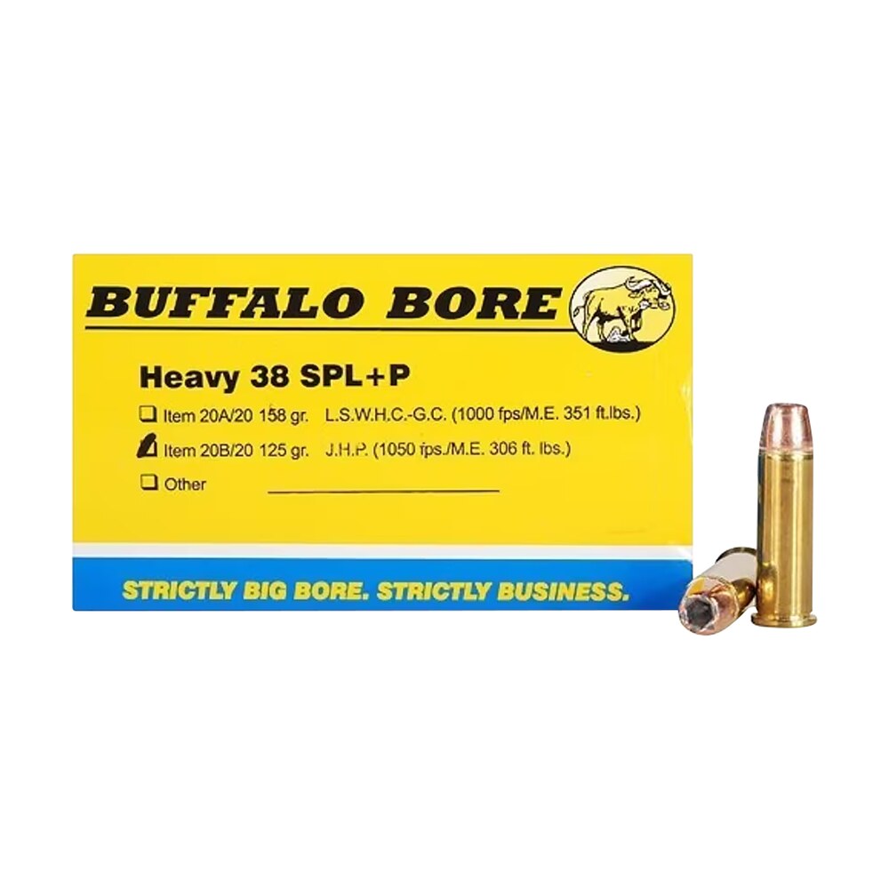 buffalo bore ammunition 20b20 heavy strictly business 38special +p 125gr jacket hollow point 20 per box/12 case Buffalo Bore Ammunition 20B20 Heavy Strictly Business 38Special +P 125gr Jacket Hollow Point 20 Sports South item 80752