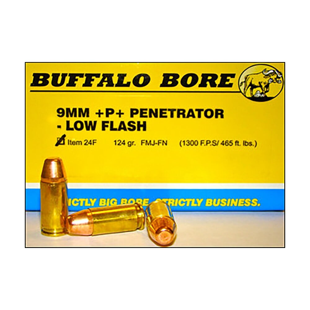 buffalo bore ammunition 24f20 penetrator strictly business 9mmluger +p+ 124gr full metal jacket flat nose 20 per box/12 case Buffalo Bore Ammunition 24F20 Penetrator Strictly Business 9mmLuger +P+ 124gr Full Metal Jacket Sports South item 80753