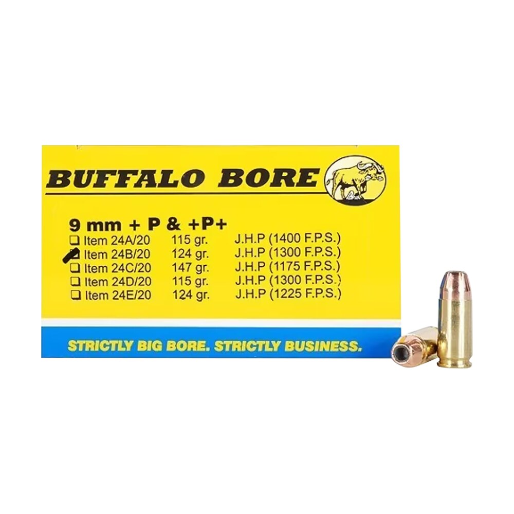 buffalo bore ammunition 24b20 personal defense strictly business 9mmluger +p+ 124gr jacket hollow point 20 per box/12 case Buffalo Bore Ammunition 24B20 Personal Defense Strictly Business 9mmLuger +P+ 124gr Jacket Sports South item 80754