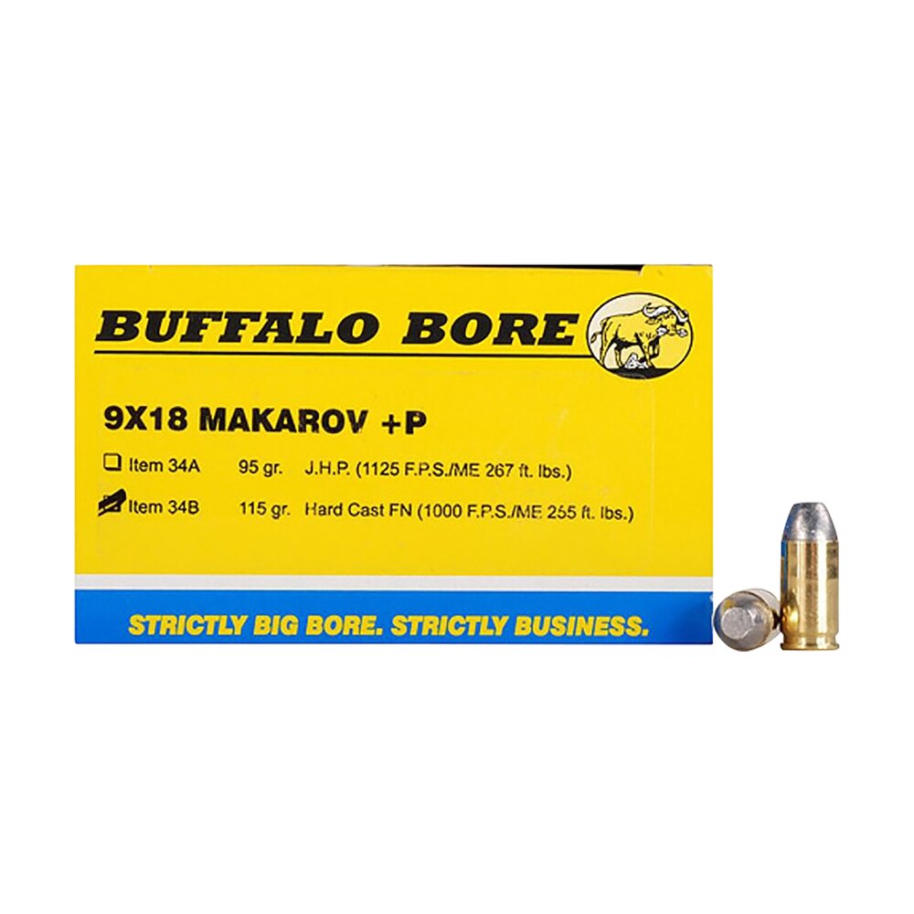 buffalo bore ammunition 34b20 personal defense strictly business 9x18makarov +p 115gr hard cast flat nose 20 per box/12 case Buffalo Bore Ammunition 34B20 Personal Defense Strictly Business 9x18Makarov +P 115gr Hard Cast Sports South item 80755