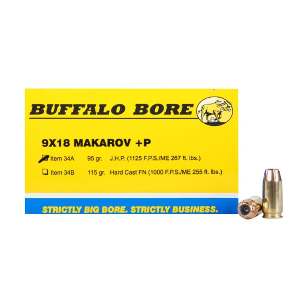 buffalo bore ammunition 34a20 personal defense strictly business 9x18makarov +p 95gr jacket hollow point 20 per box/12 case Buffalo Bore Ammunition 34A20 Personal Defense Strictly Business 9x18Makarov +P 95gr Jacket Sports South item 80756