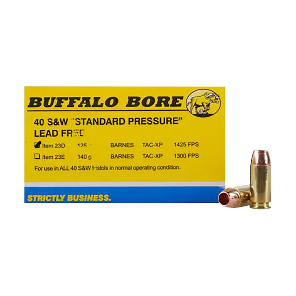 buffalo bore ammunition 23d20 standard pressure strictly business 40s&w 125gr barnes tac xp lead free 20 per box/12 case Buffalo Bore Ammunition 23D20 Standard Pressure Strictly Business 40S&W 125gr Barnes TAC-XP Sports South item 82111