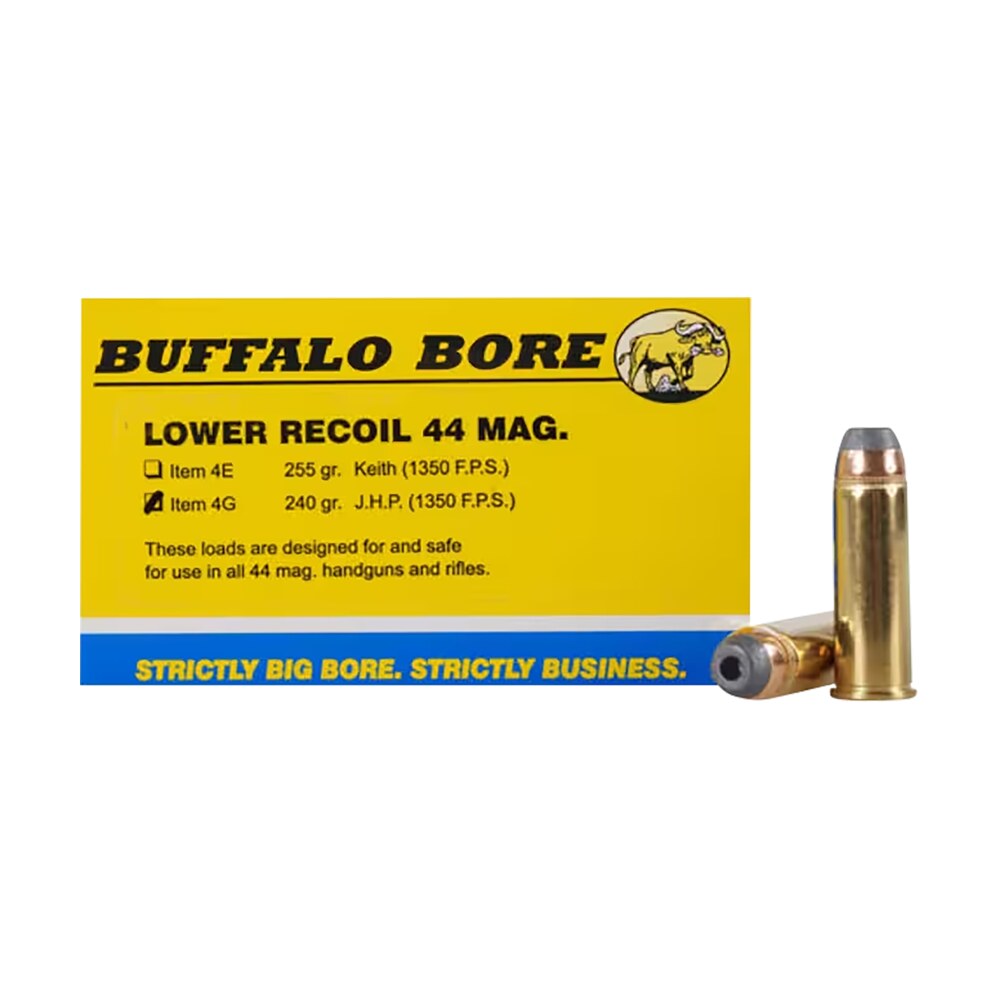 buffalo bore ammunition 4g20 low recoil strictly business 44rem mag 240gr jacket hollow point 20 per box/12 case Buffalo Bore Ammunition 4G20 Low Recoil Strictly Business 44Rem Mag 240gr Jacket Hollow Point Sports South item 82121