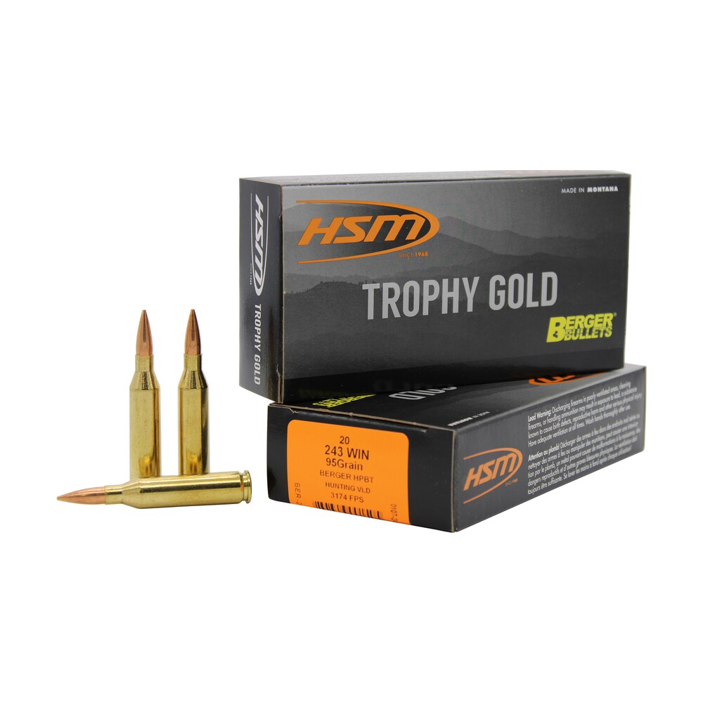 hsm 24395vld trophy gold extended range 243 win 95 gr berger hunting vld match 20 per box/ 25 case HSM 24395VLD Trophy Gold Extended Range 243 Win 95 gr Berger Hunting VLD Match 20 Per Box/ 25 Sports South item 82182