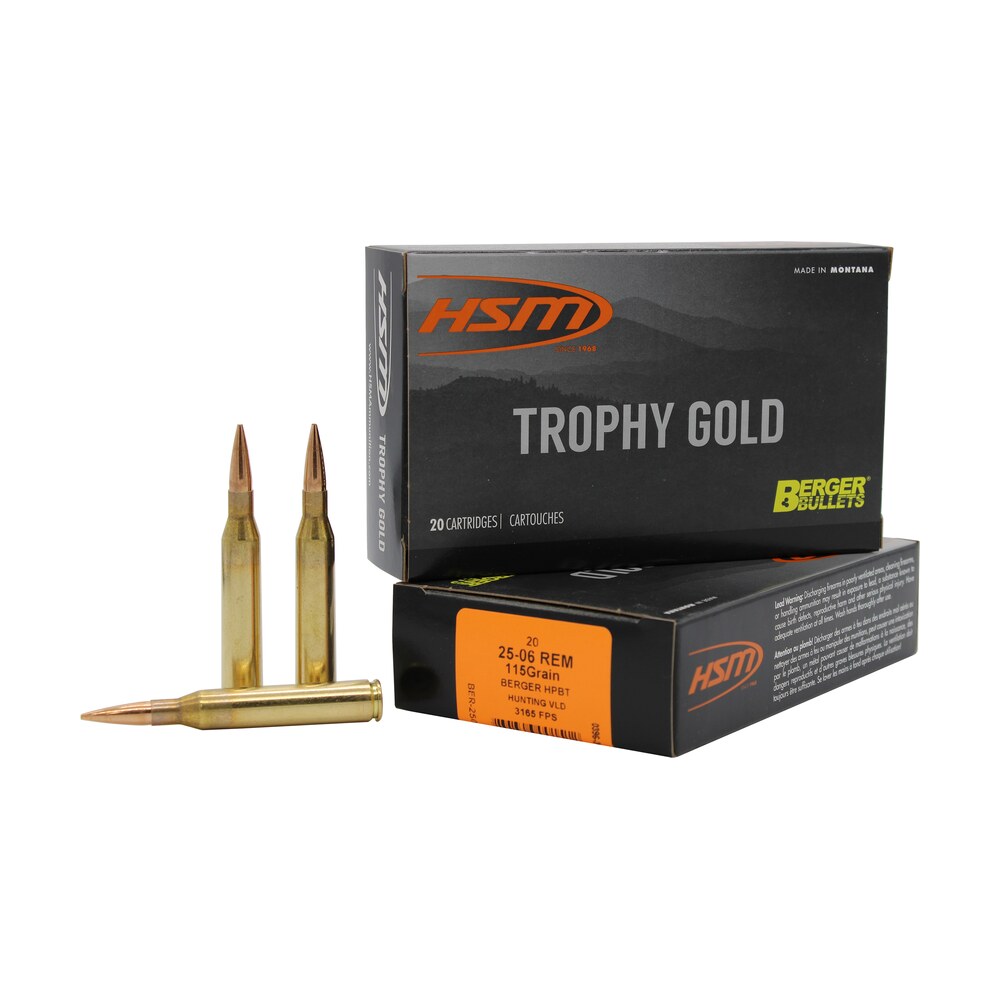 hsm 2506115vld trophy gold extended range 25 06 rem 115 gr berger hunting vld match 20 per box/ 20 case HSM 2506115VLD Trophy Gold Extended Range 25-06 Rem 115 gr Berger Hunting VLD Match 20 Per Box/ Sports South item 82185