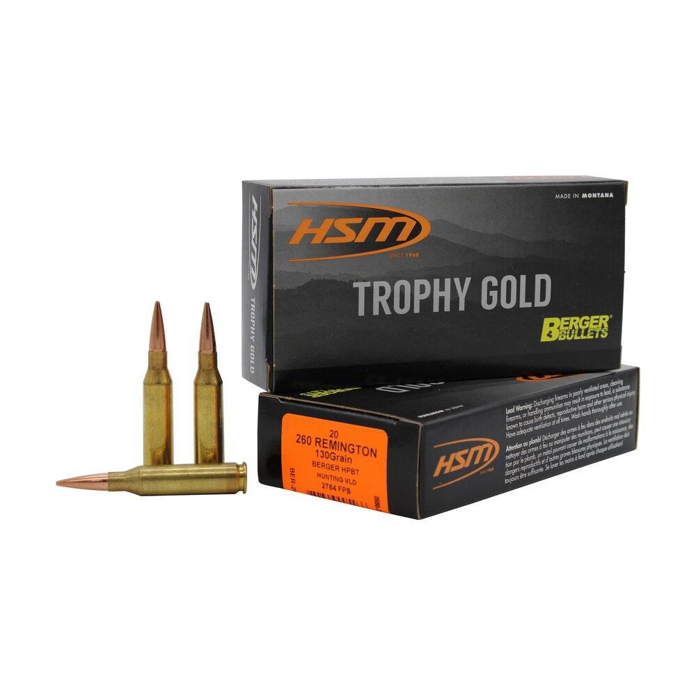 hsm 260130vld trophy gold extended range 260 rem 130 gr berger hunting vld match 20 per box/ 25 case HSM 260130VLD Trophy Gold Extended Range 260 Rem 130 gr Berger Hunting VLD Match 20 Per Box/ 25 Sports South item 82187