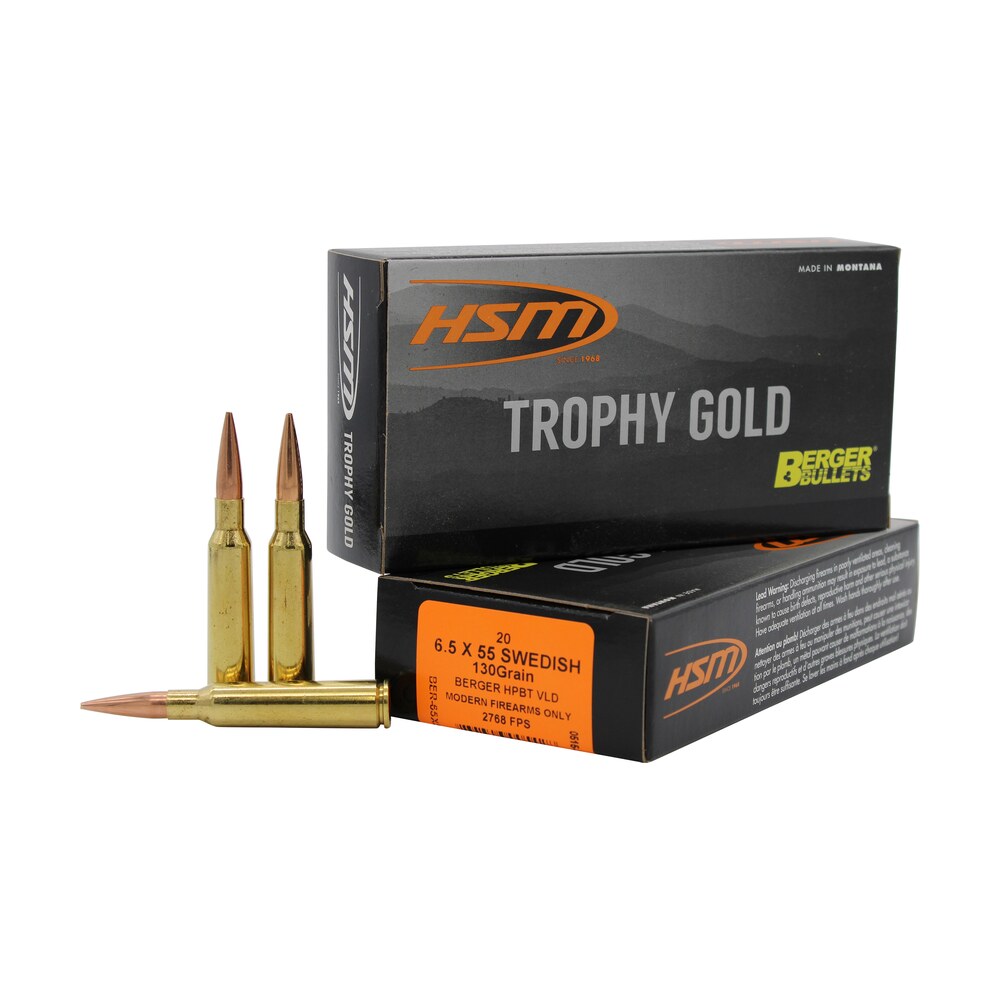 hsm 65x55130vld trophy gold extended range 6.5x55 swedish 130 gr berger hunting vld match 20 per box/ 25 case HSM 65X55130VLD Trophy Gold Extended Range 6.5x55 Swedish 130 gr Berger Hunting VLD Match 20 Sports South item 82188