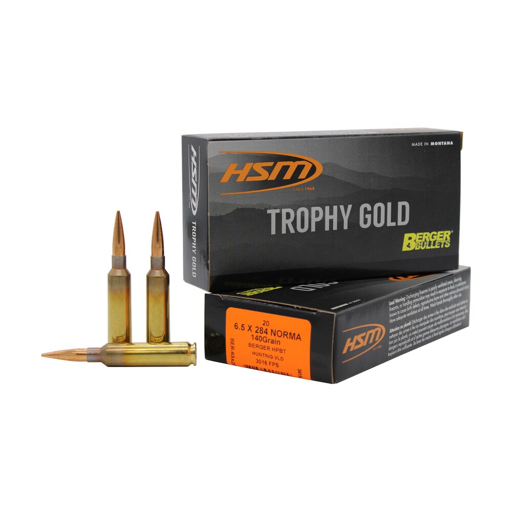 hsm 65x284140vld trophy gold extended range 6.5x284 norma 140 gr berger hunting vld match 20 per box/ 20 case HSM 65X284140VLD Trophy Gold Extended Range 6.5x284 Norma 140 gr Berger Hunting VLD Match 20 Sports South item 82190